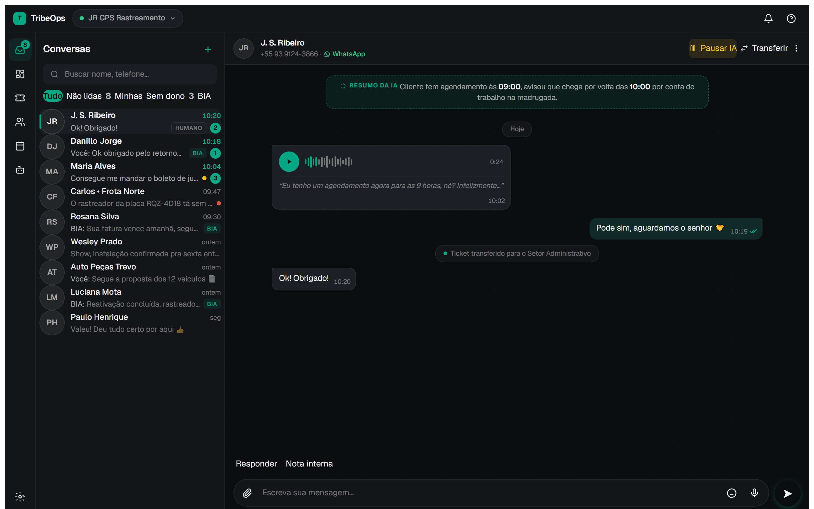 Inbox do TribeOps — conversas de WhatsApp com o agente de IA e atendimento humano no mesmo painel